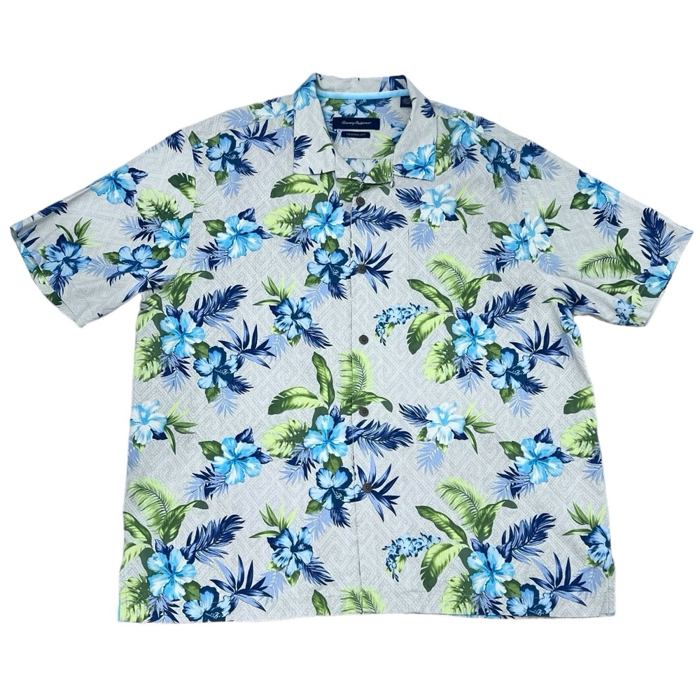 TOMMY BAHAMA 100% SILK BLUE & GREEN FLORAL SHORT SLEEVED ORIGINAL FIT CAMP SHIRT